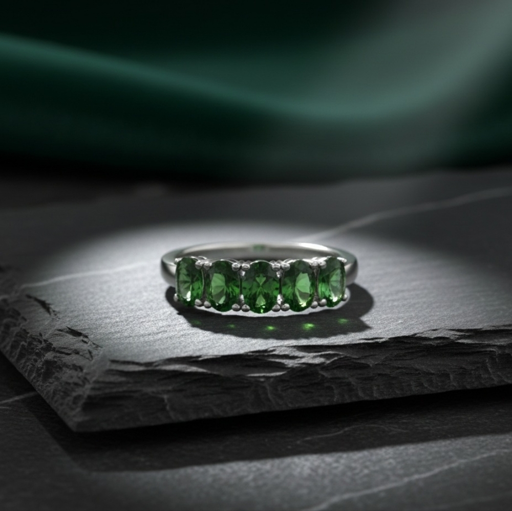 Russian Chrome Diopside 5-Stone Design Sterling Silver Ring 1.25 CTW Stackable